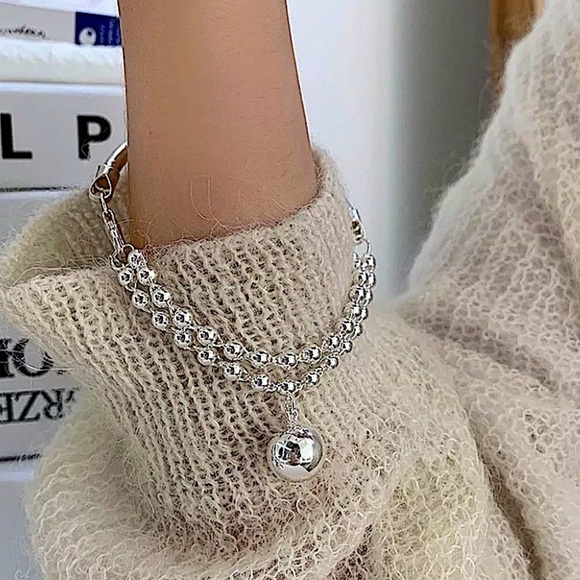 Sterling Silver Beaded Bangle Ball Drop Bracelet - Picture 3 of 7